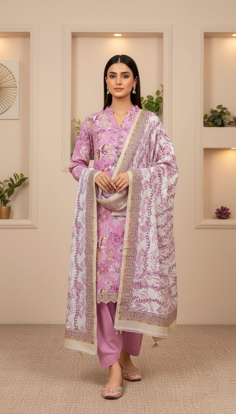 SAYA – Printed Cotton Khaddar Summer Suit (3Pc)